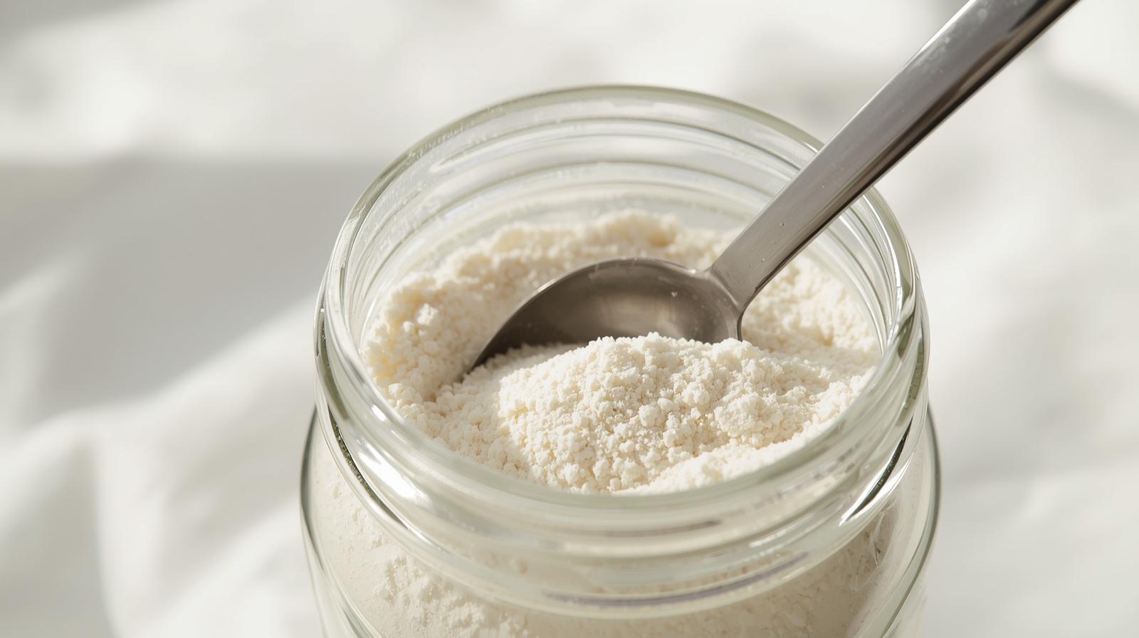 A mason jar filled with cornstarch with a metal scoop inside.