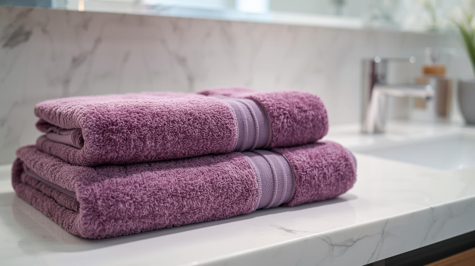 Two purple towels folded on the side of a clean bathroom vanity.