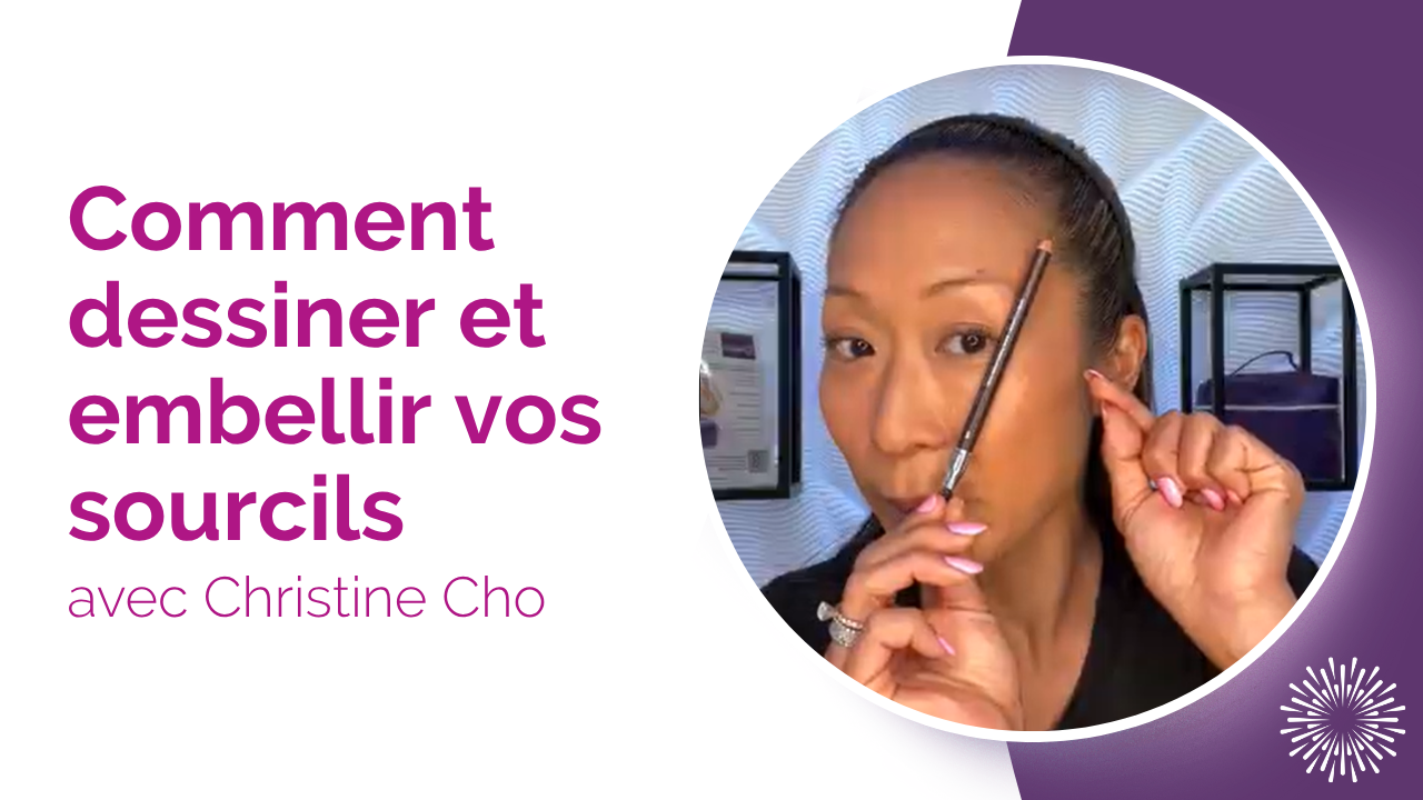Une vignette de Christine Cho avec le texte « Comment dessiner et embellir vos sourcils ».