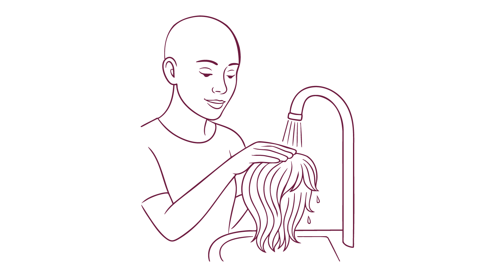Illustration of a person rinsing another person’s wig under running water at a sink.