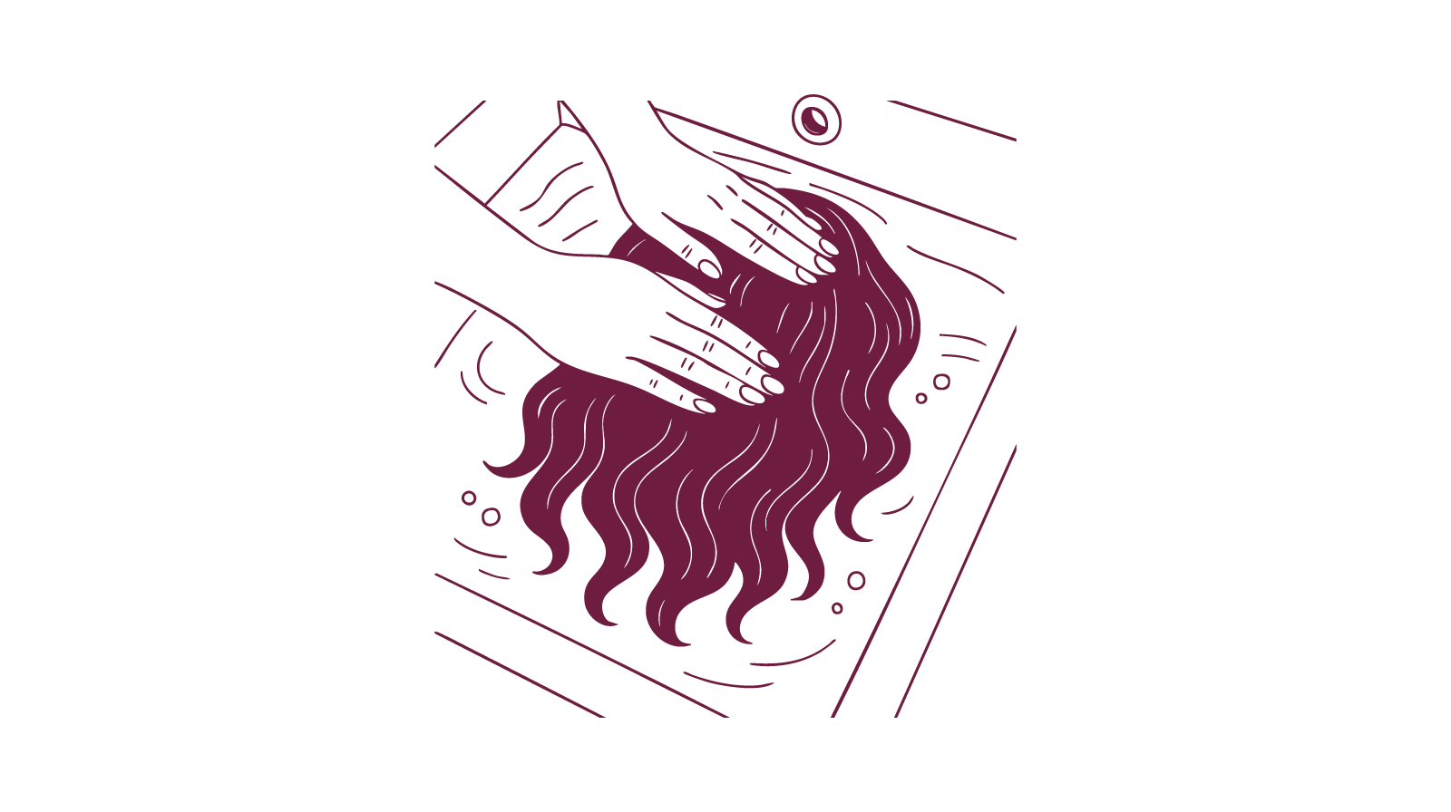 Illustration of hands submerging a wig in water inside a sink for cleaning.