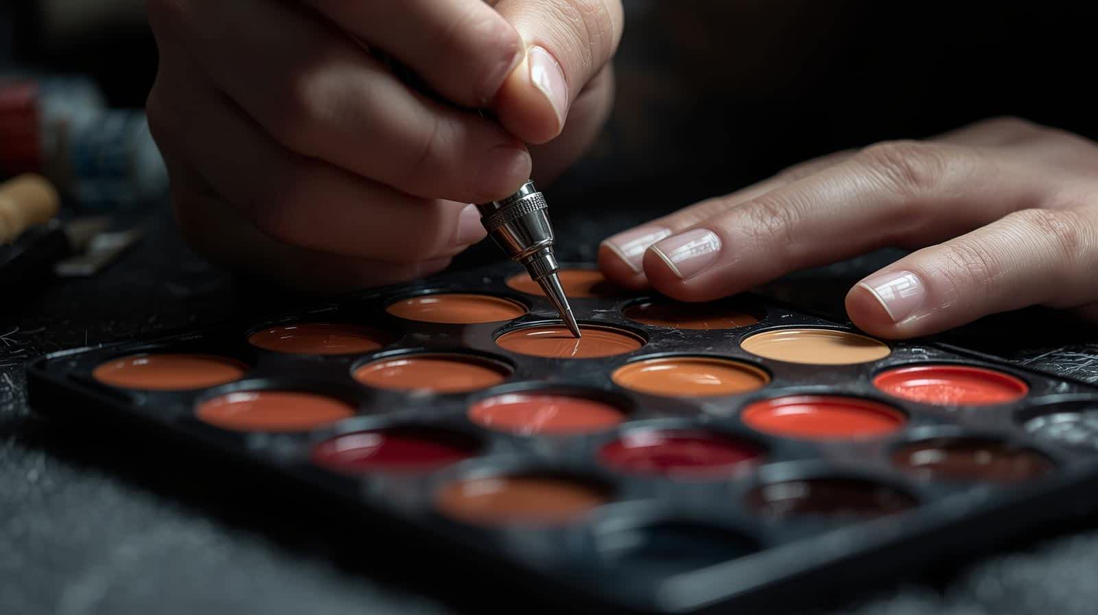 A close-up of hands using a small tool to prepare skin-tone colored tattoo inks from a palette of circular wells in various shades.