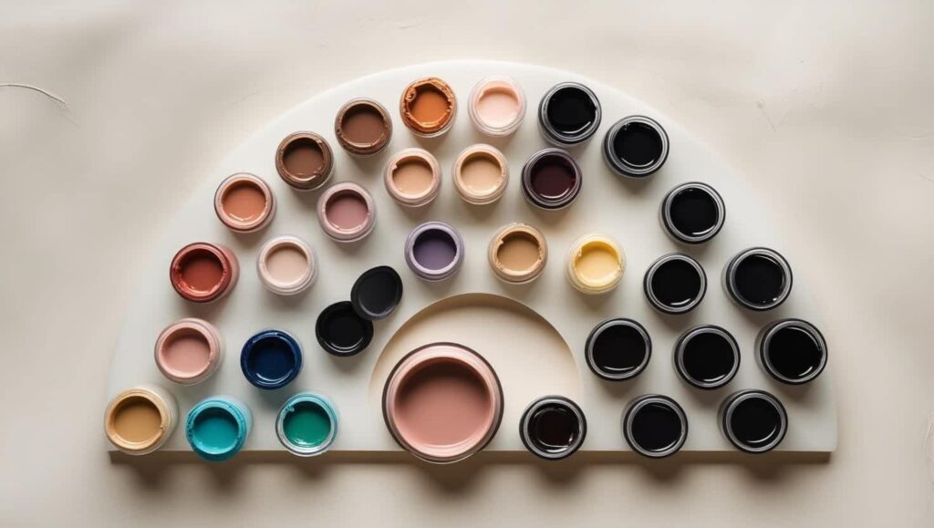 Open jars of tattoo ink in a half-circle display, showing a variety of skin tone and vibrant color shades.