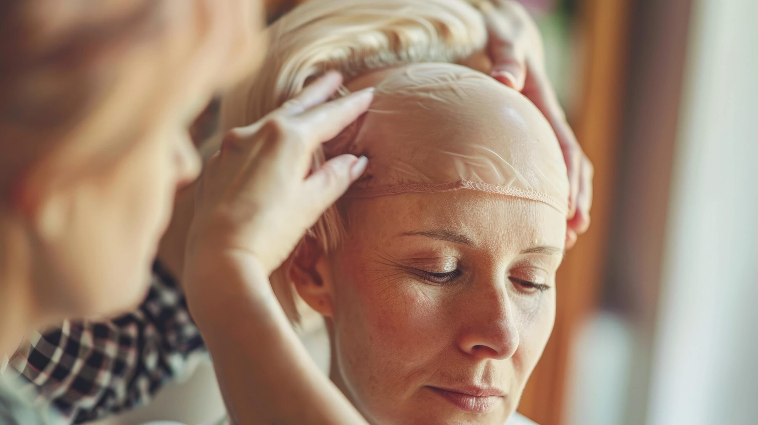 Woman with closed eyes has a wig cap adjusted on her head by another person, preparing to wear a wig.