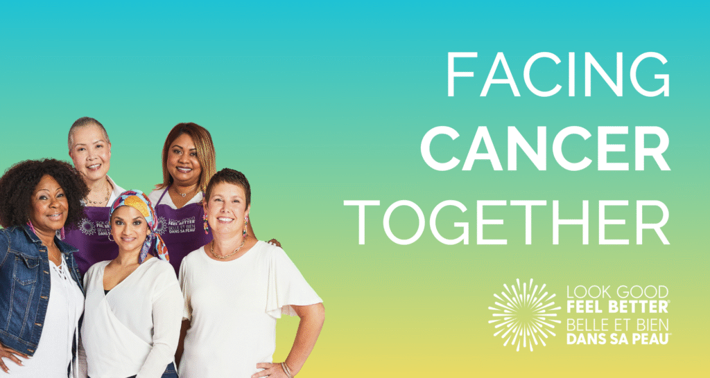 A banner for the Facing Cancer Together podcast with four women on the side and the podcast name next to them.
