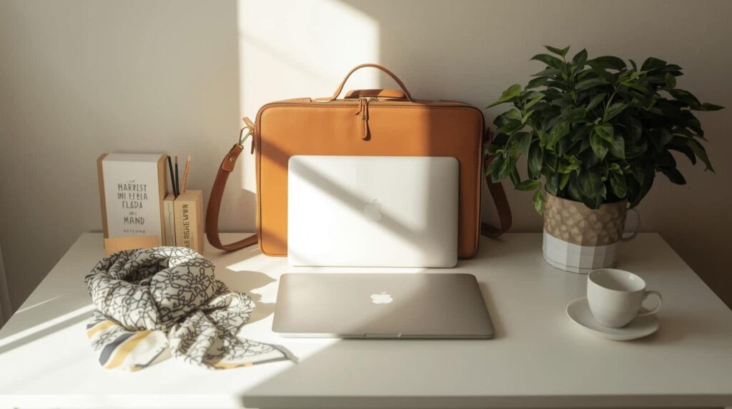 A desk with a laptop, briefcase and other office supplies arranged on it.