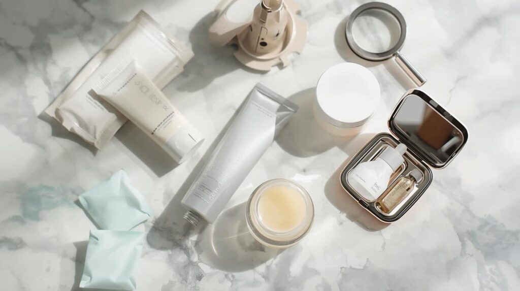 Various skincare products and dermatological tools on a marble countertop.