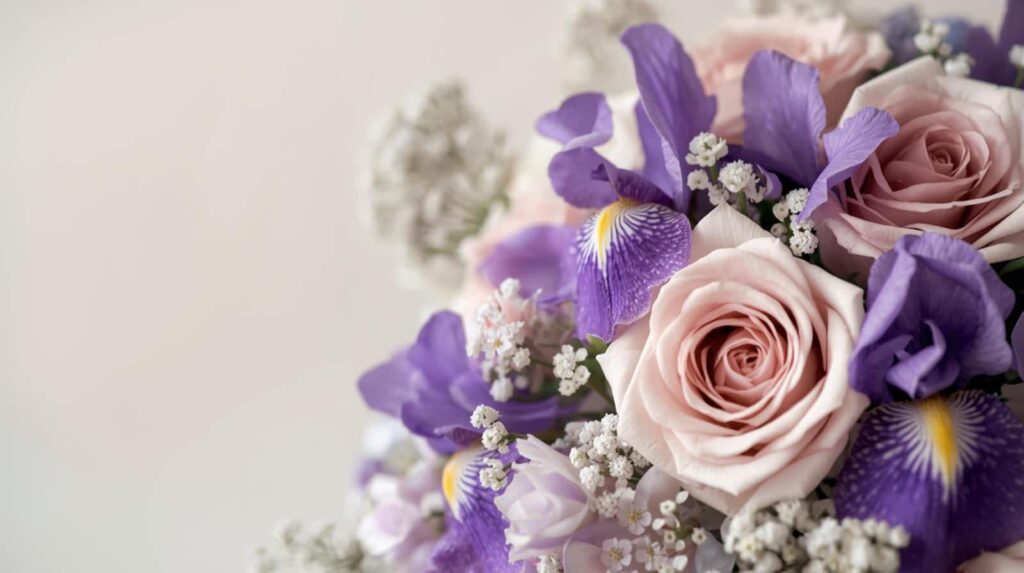 A close-up of a funeral flower arrangement with purple and pink flowers on a light background.