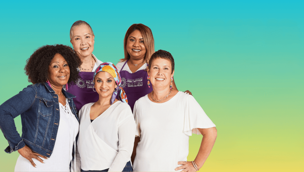Look Good Feel Better volunteers and participants in front of a gradient background.