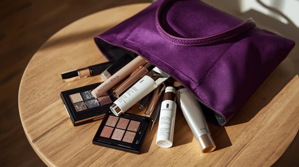 A purple tote bag on a wooden table with various skincare and beauty products.