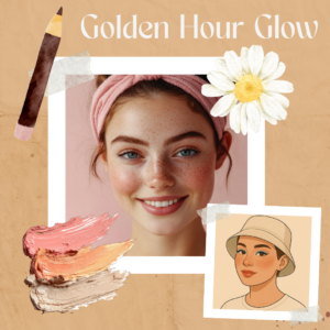 Golden Hour Glow collage featuring makeup products and sunkissed beauty looks.